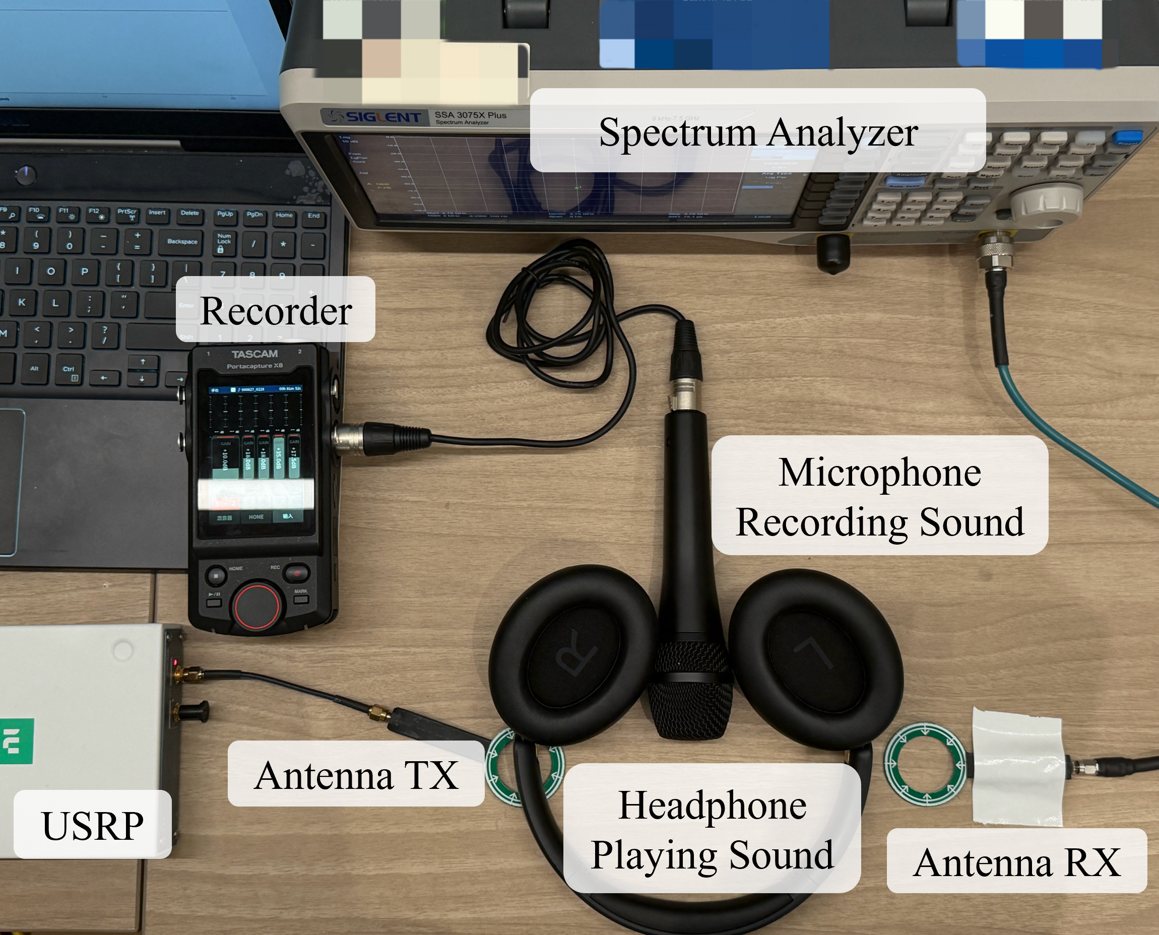Stealthiness evaluation setup: the transmitting antenna placed adjacent to the target UGreen MAX2 headphone, injecting the single-tone carrier at 18 dBm.
